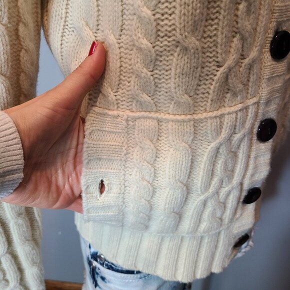 Vtg GAP Sweater Womens Medium Cable Knit Wool Faux Fur Hood Cardigan Chunky Y2K - Picture 5 of 15